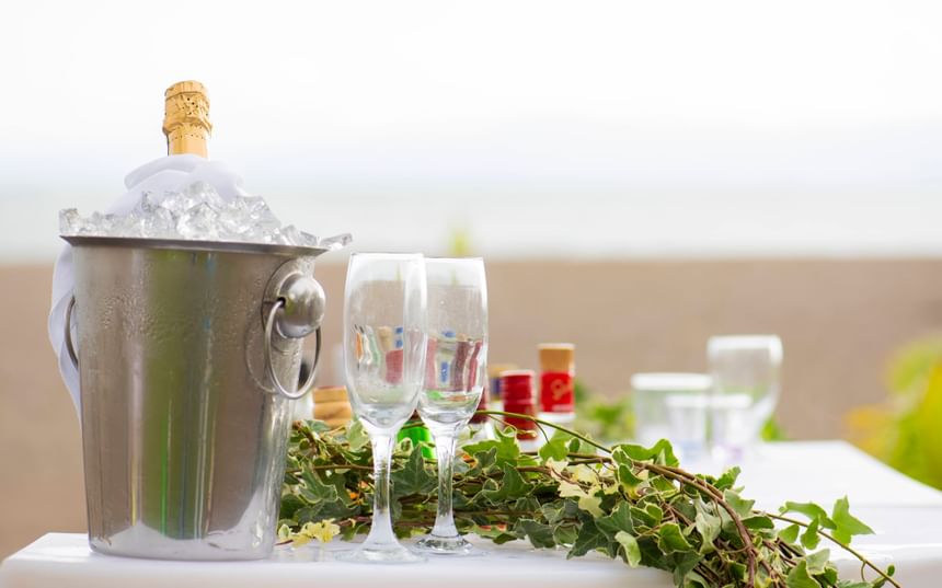 Close-up of champagne setup with 2 glasses at Fiesta Resort