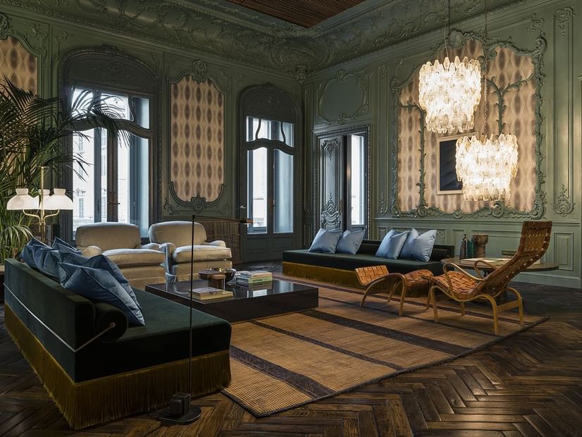 Sofas in Palazzo Prive lobby area at Fendi Private Suites