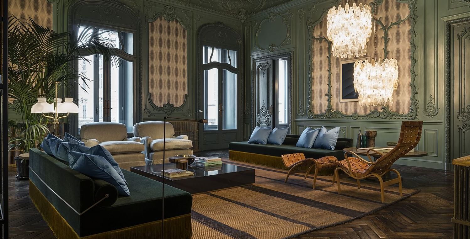 Sofas in Palazzo Prive lobby area at Fendi Private Suites