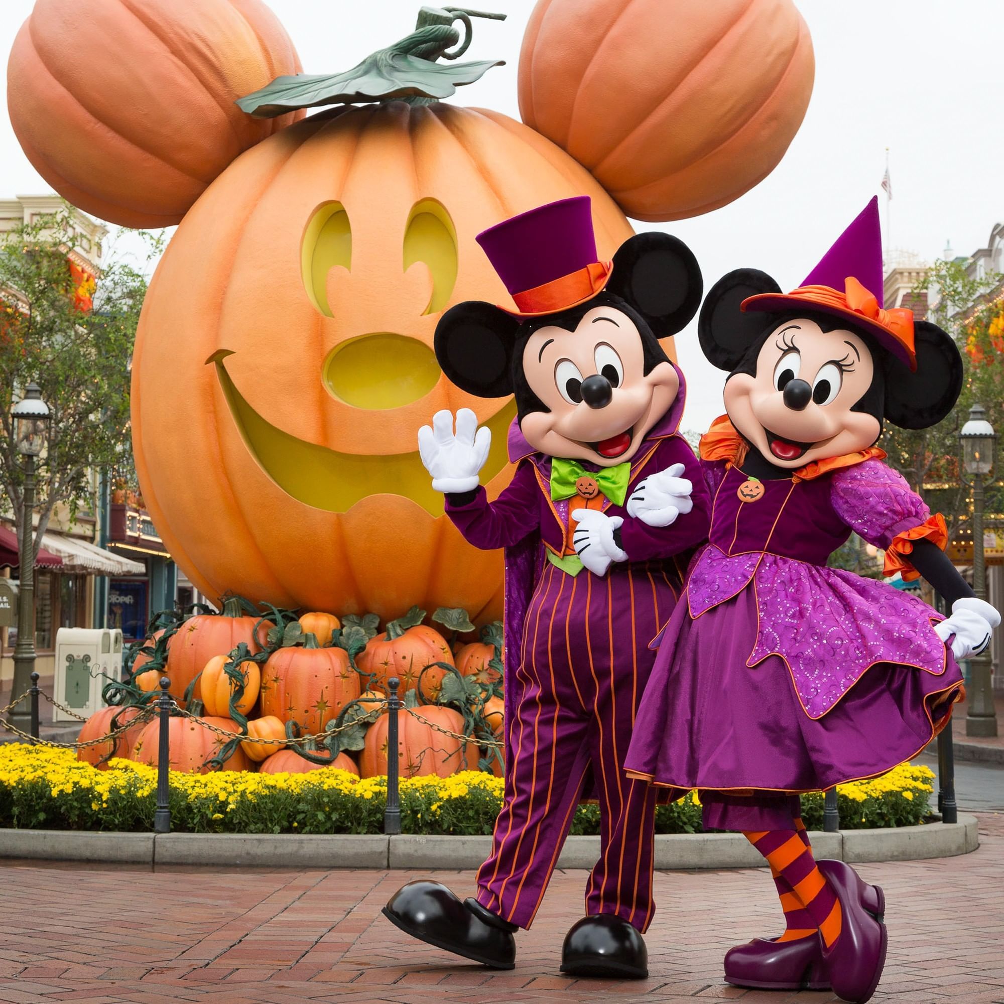Mickey and Minnie Mouse in purple Halloween costumes posing before a giant jack-o-lantern with Mickey ears at a theme park.