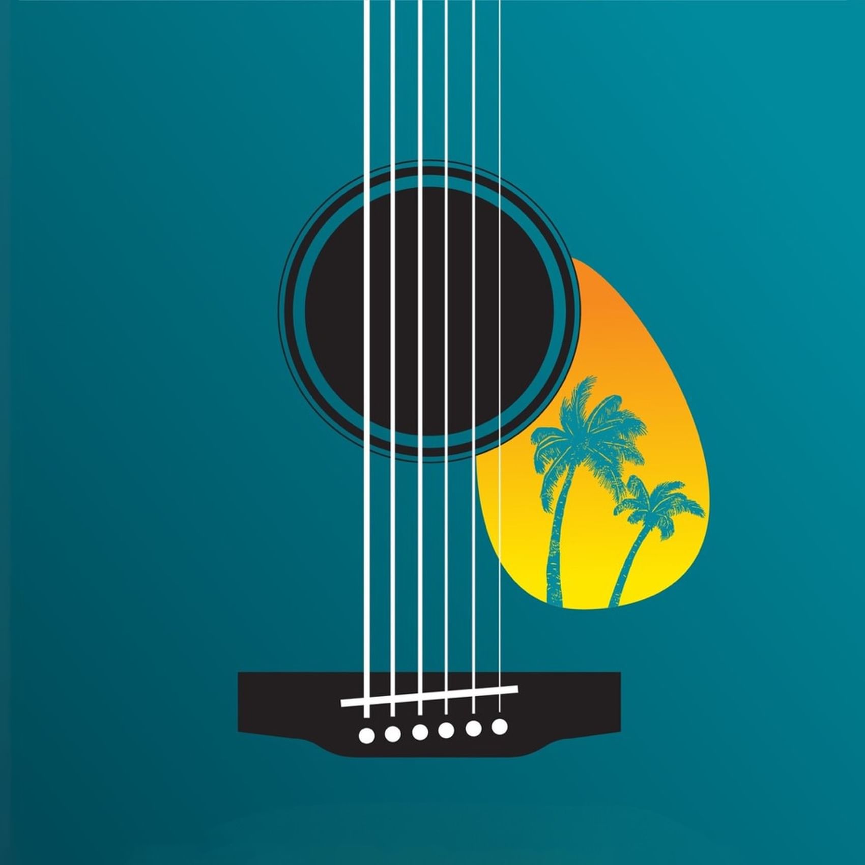 Tropical guitar graphic featuring palm trees and a vibrant sunset design at Margaritaville Resort Biloxi