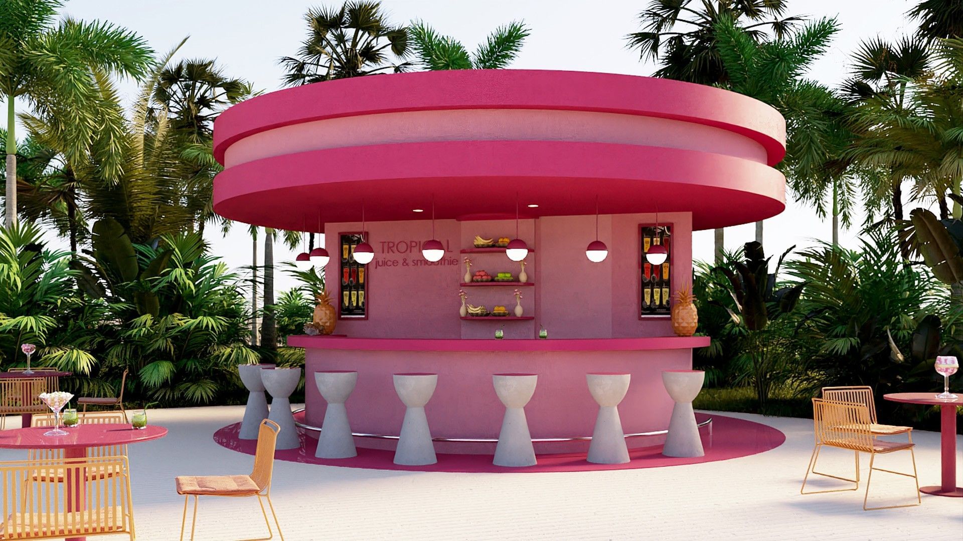 Bar tropical al aire libre de jugos y smoothies en Fiesta Americana Funeeq Punta Cana con diseño rosa fuerte y taburetes