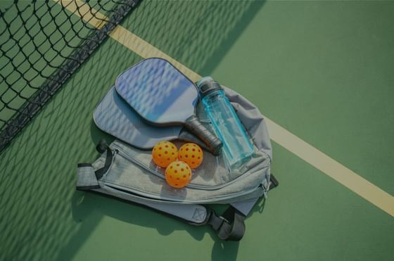 Pickleball equipment in outdoor court, Lodge at Schroon Lake