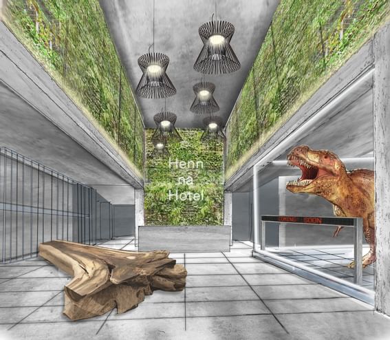 Animatronic T-Rex roaring at the Guest Lounge of Henn Na Hotel