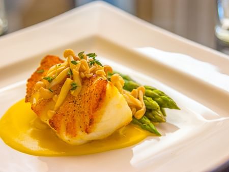 Close-up Fish served in Landmark Restaurant at Warwick Melrose