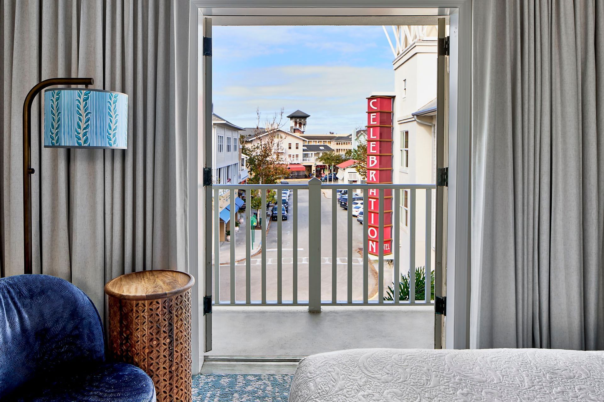 Inn at Celebration rooms offer views of the Celebration sign and the places to stay in celebration Florida