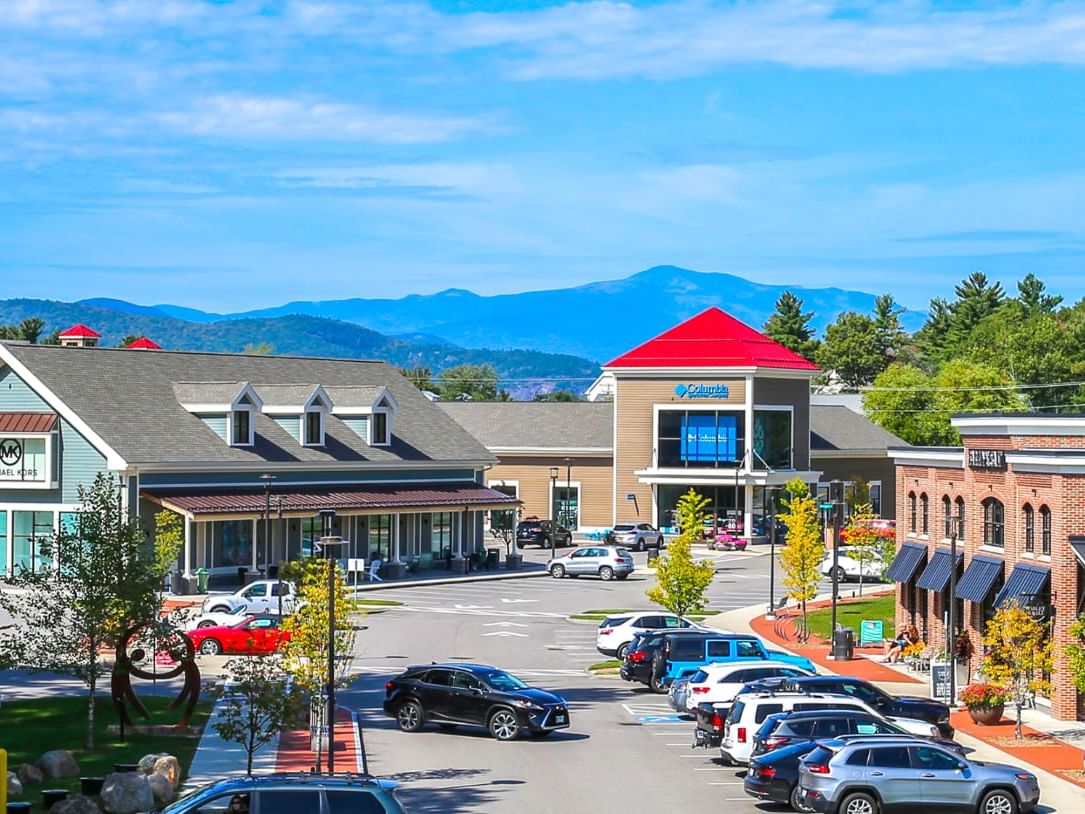 Picturesque bird's-eye view of North Conway's charming downtown in the summer