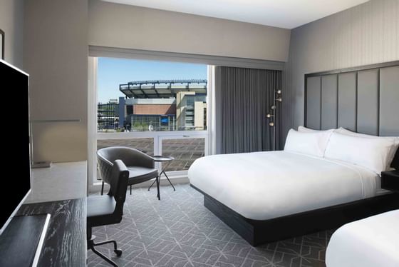 room with two beds and view to gillette stadium