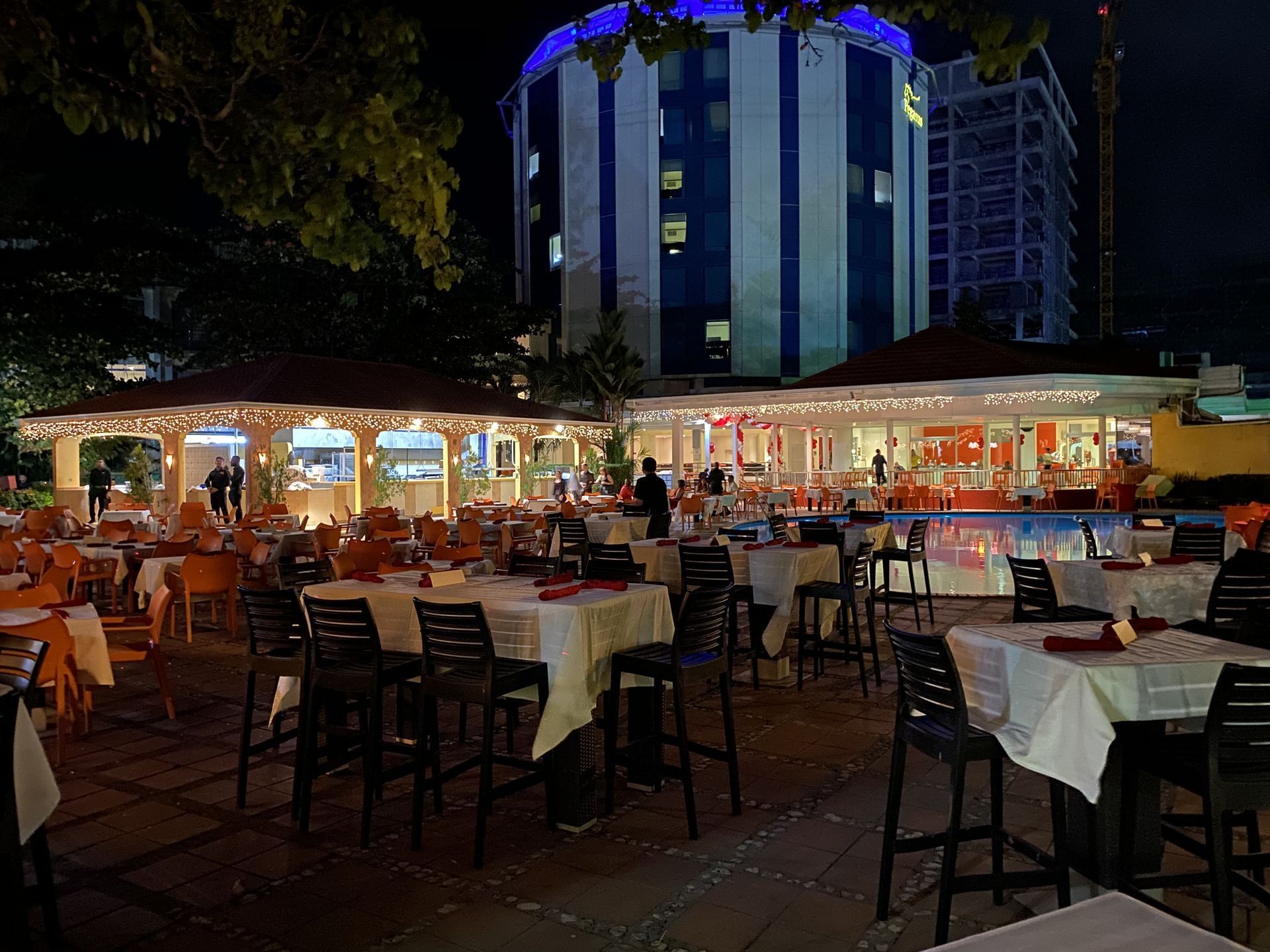 Outdoor dining area arranged at Pegasus Hotel Guyana