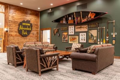 Interior of lobby area in The Lodge at Schroon Lake