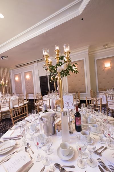 Banquet room set for event.