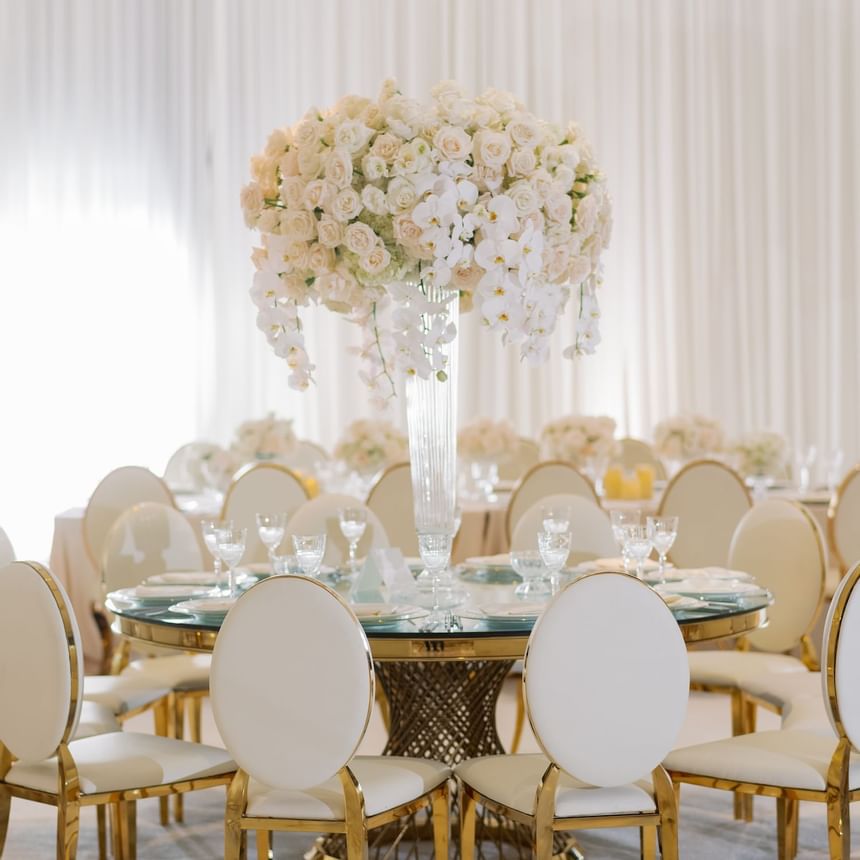A banquet setup in a ballroom at  Luxe Sunset Boulevard