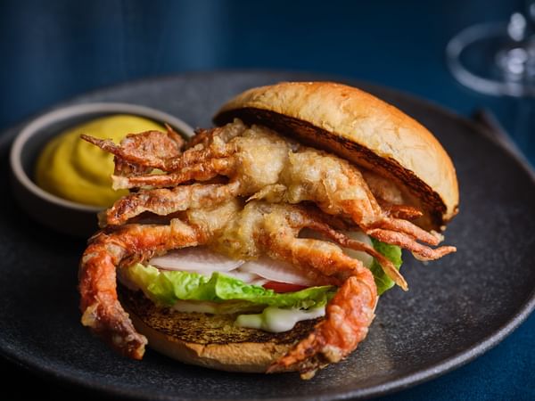 Close-up of Soft Shell Crab Burger served in the Restaurant at The Capital Hotel London