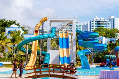 Landscape view of water slides at Playa Blanca Beach Resort