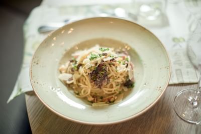 Close-up of served pasta dish in Via Mala at Liebes Rot Flueh