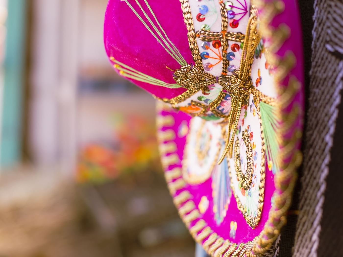 Close-up of a designed pink sombrero hat at Fiesta Inn