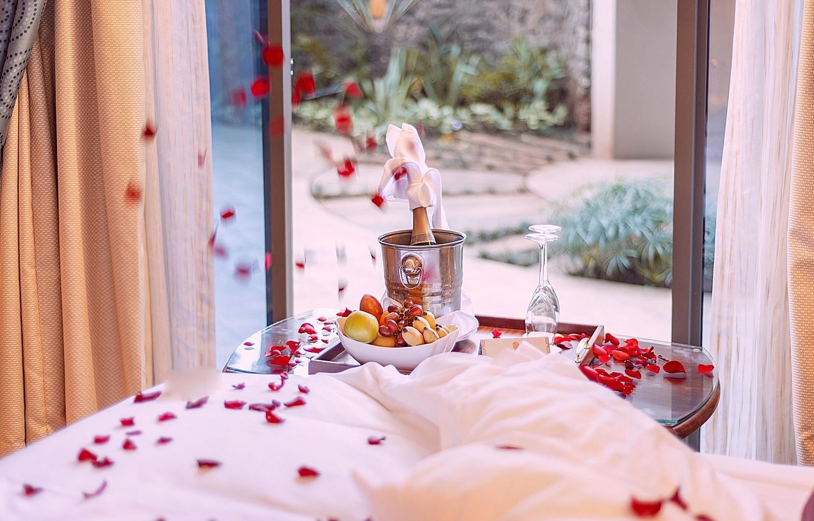 Champagne and fruits in honeymoon suite at Nairobi Serena Hotel