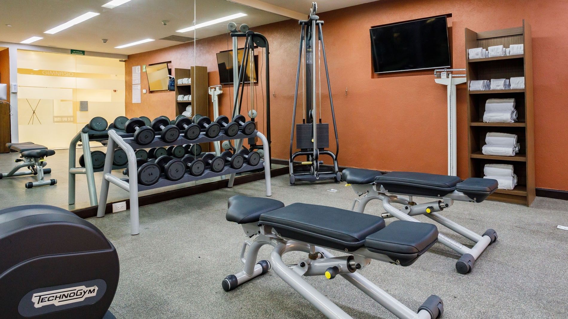 Well-equipped gym featuring a dumbbell rack, benches, and orange accent walls at Camino Real Pedregal Mexico