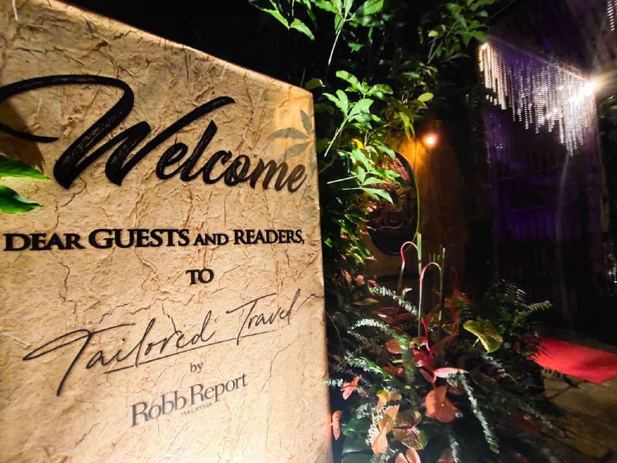 Close-up of a Welcome sign at The Banjaran Hotsprings Retreat