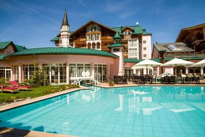 Hotel exterior from the outdoor pool side at Liebes Rot Flueh