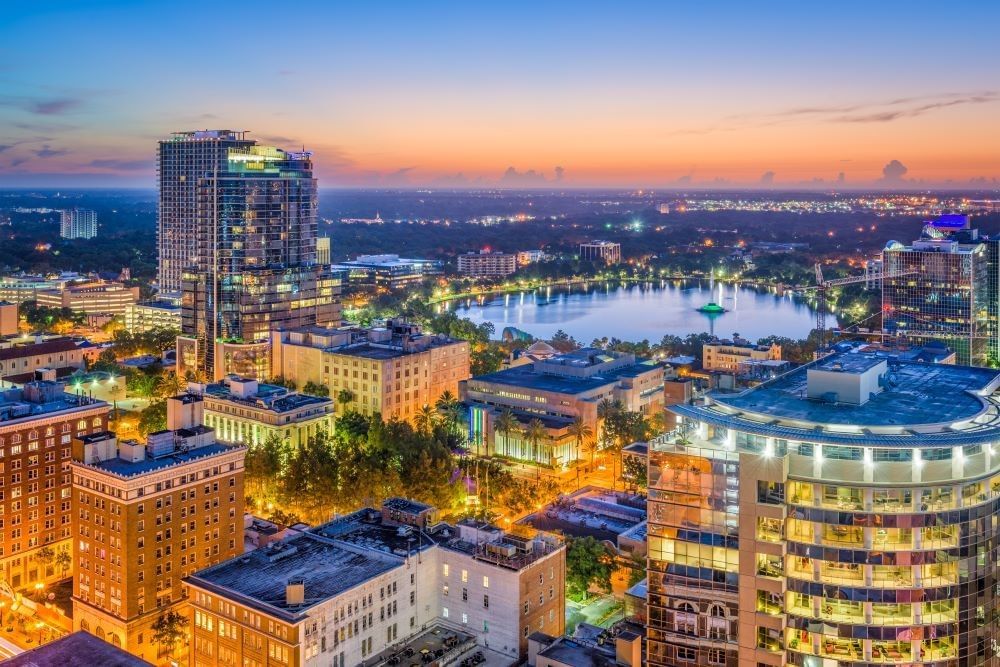 An aerial shot of downtown Orlando at sunrise. 