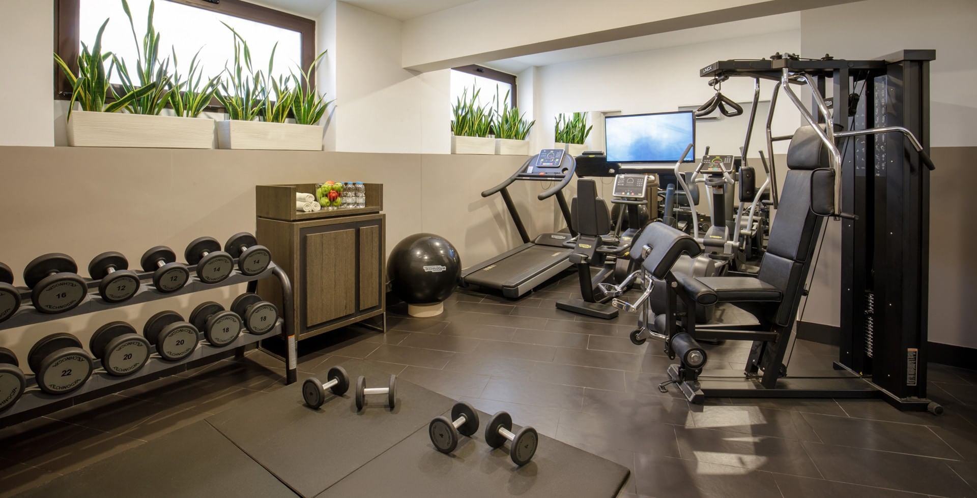 Modern fitness center at Tribune Hotel Rome equipped with treadmills, weights, and strength machines in a bright and stylish workout space.