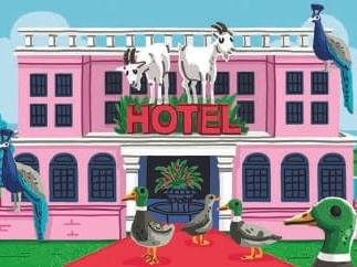 A cartoon image of the hotel with animals at Peabody Memphis