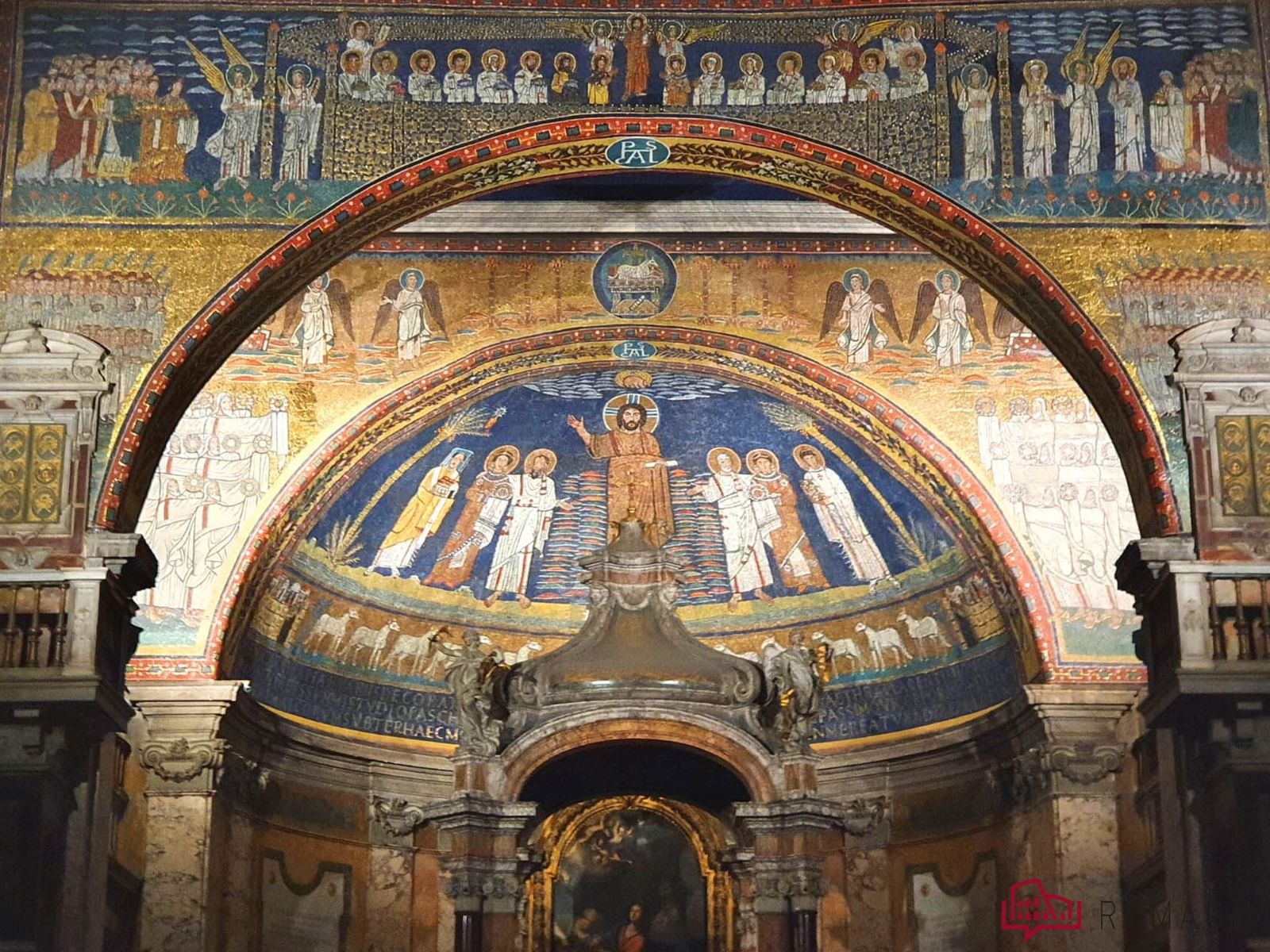 Mosaic artwork depicting religious figures and angels in Santa Prassede near The Glam Hotel