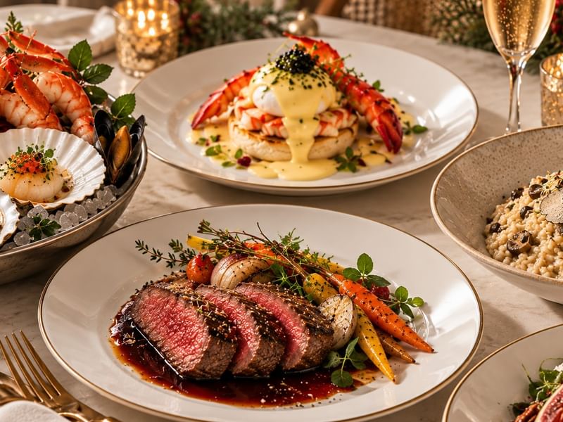 Festive table with beef, lobster, seafood platter, risotto, and champagne for Christmas Day Brunch at Pomelo Restaurant Ipoh