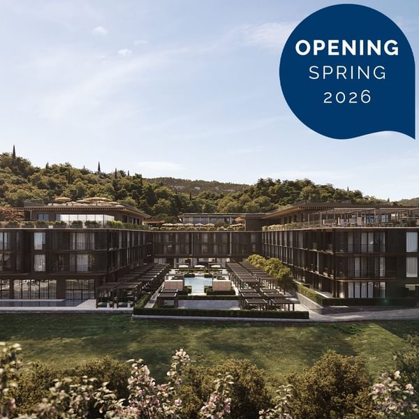 Modernes Hotelgebäude mit Pool, umgeben von Grün und Bäumen, mit Eröffnungsdatum Frühjahr 2026.