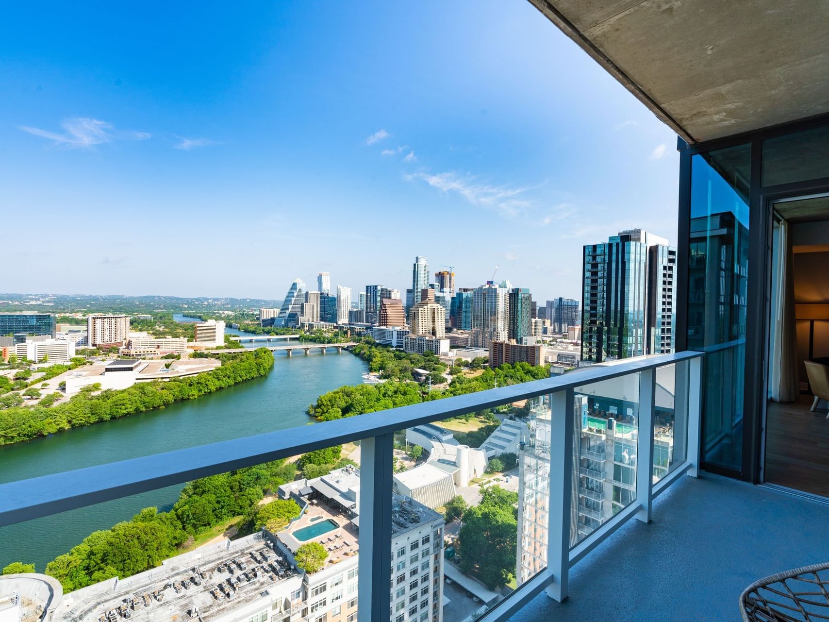 City view from Longhorn Penthouse balcony at Austin Condo