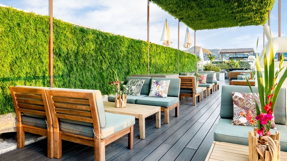 Relaxing outdoor rooftop patio lounge with cozy seating and lush green walls in Bonobo’s Bar at Splendid Hotel & Spa Nice