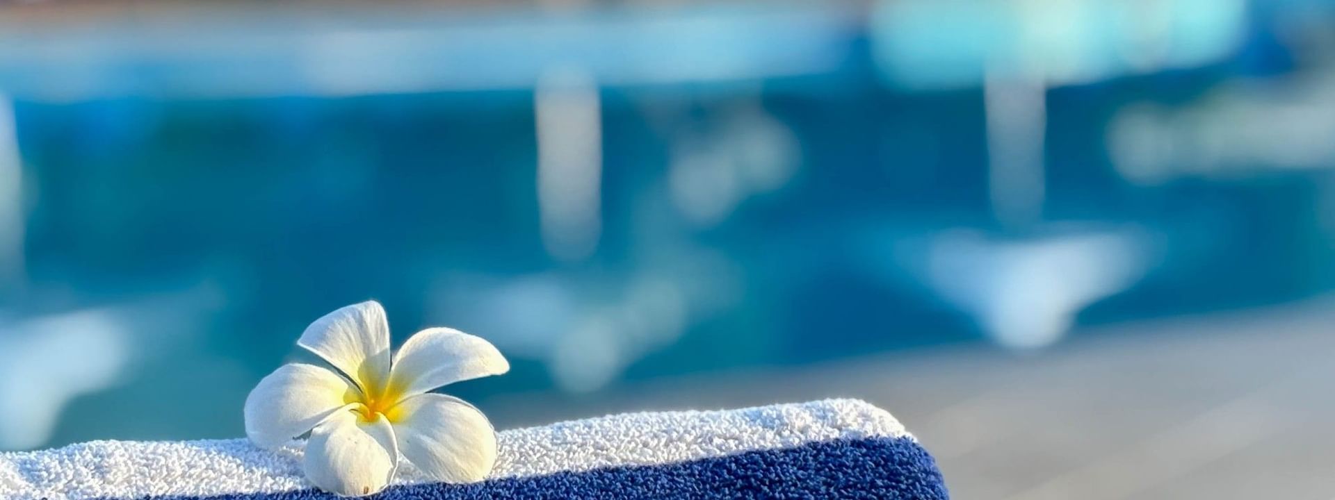 White flower on blue and white towel by pool at The Naviti Resort Korolevu Fiji