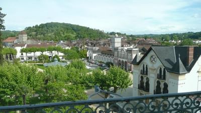 View of a town from a balcony.