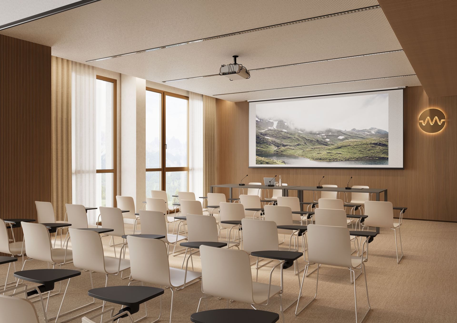 Rows of chairs facing the project screen by the window in Innovation I at Hotel des Innovations