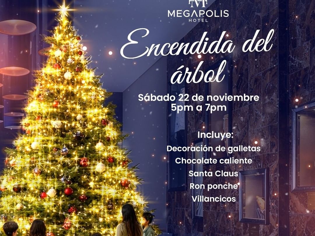 Poster for a Christmas tree lighting event at the Megapolis Hotel on November 22.