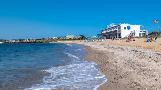 Landscape view of beach & hotel of Falmouth Tides