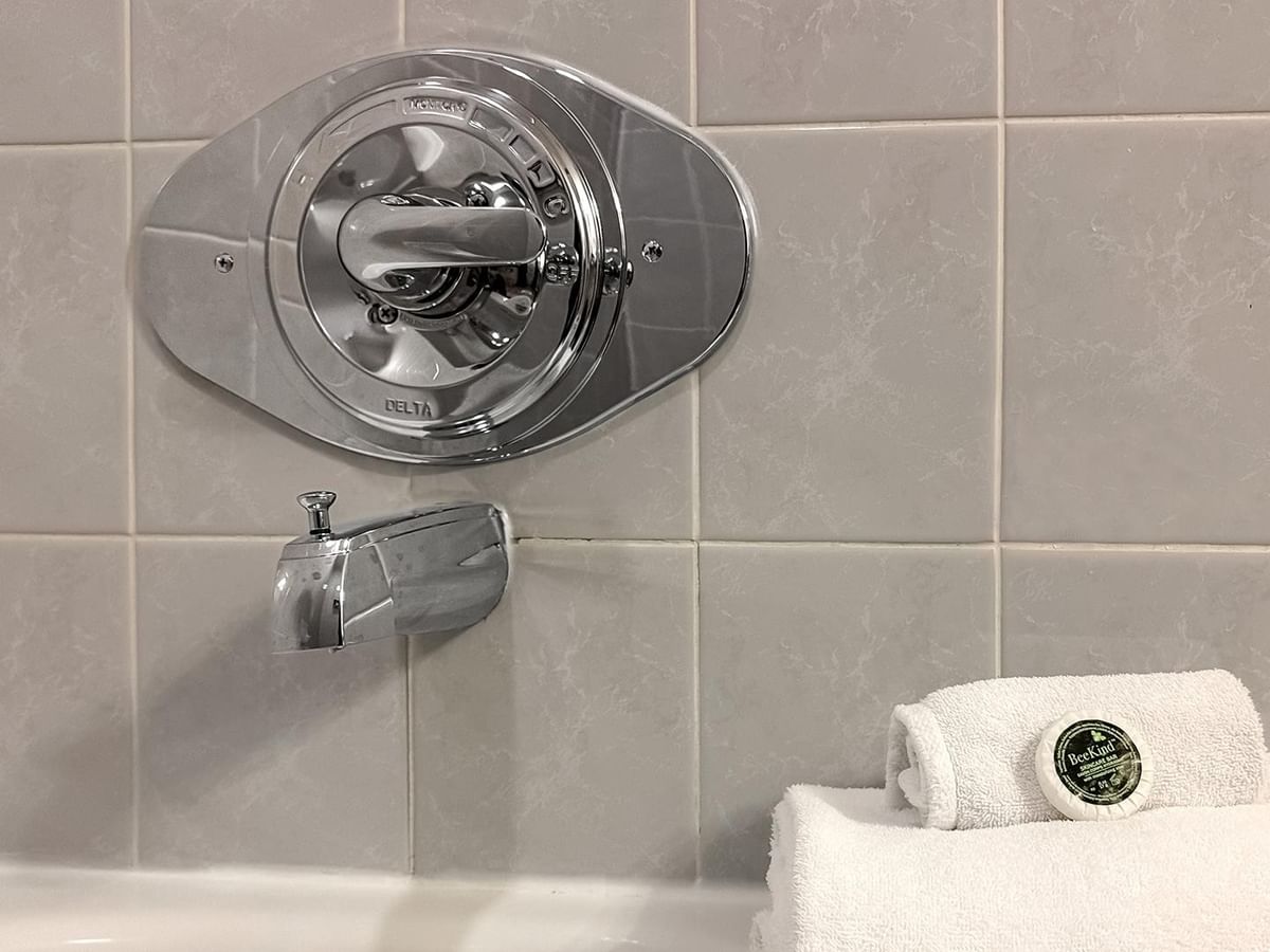 Bathtub with modern fixtures and white towels