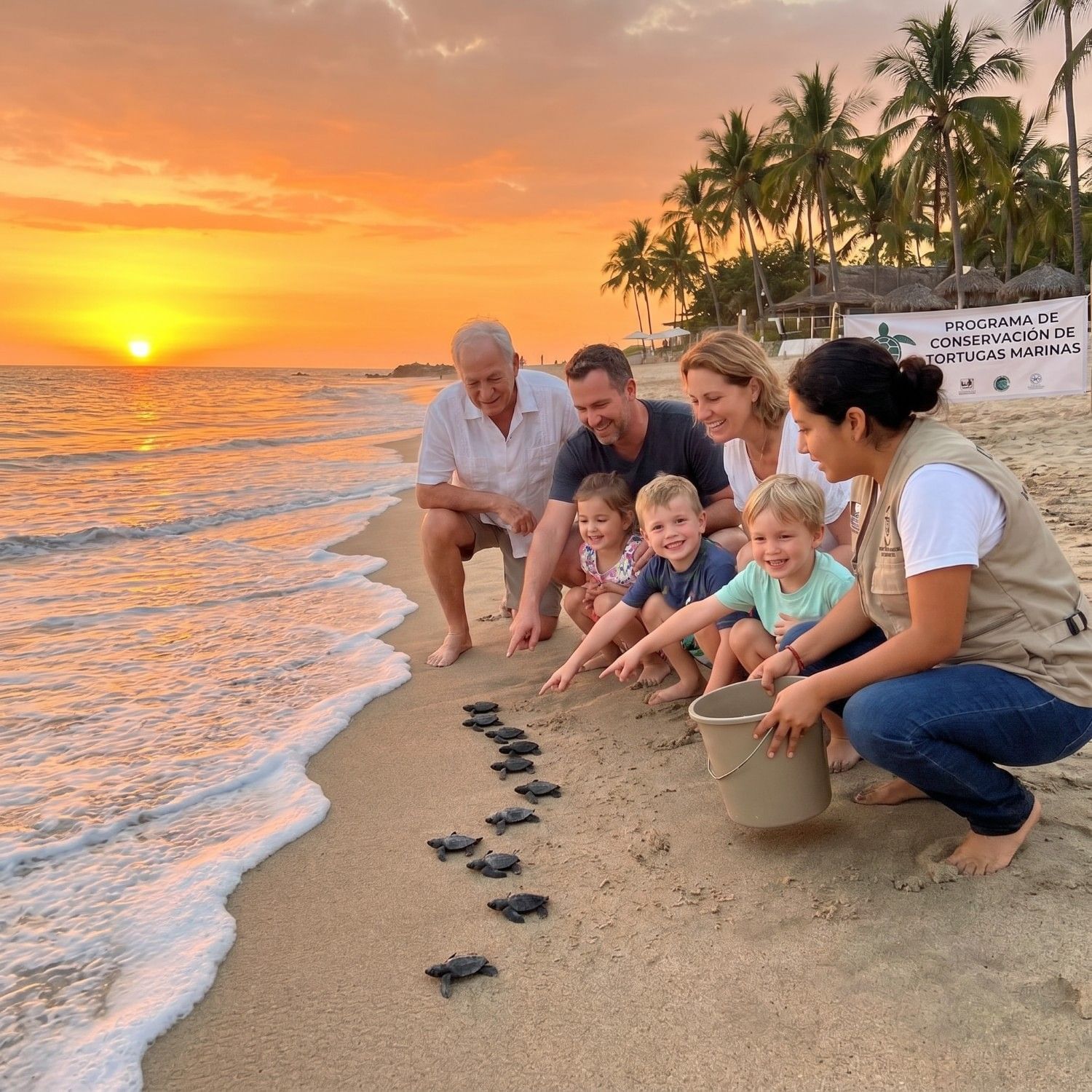 Three-generation family enjoying a sea turtle release experience at sunset in Puerto Vallarta, creating unforgettable vacation memories