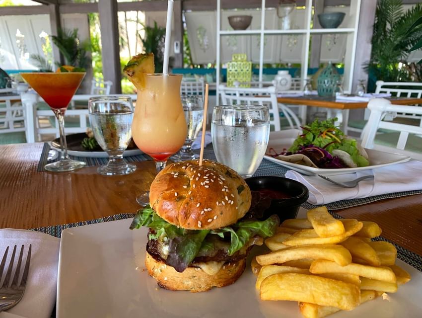 Burger meal in Calabash Beach Bistro at Bougainvillea Barbados