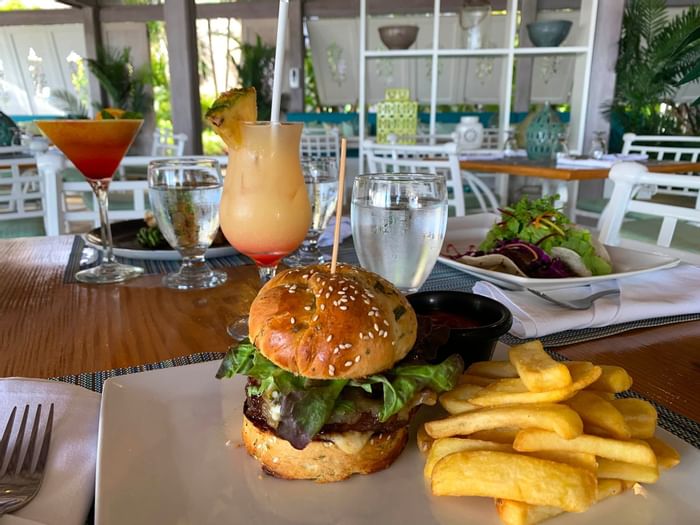 Burger meal in Calabash Beach Bistro at Bougainvillea Barbados