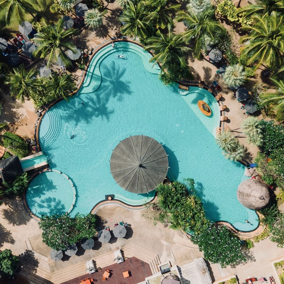 A birds eye view of a tropical pool resort