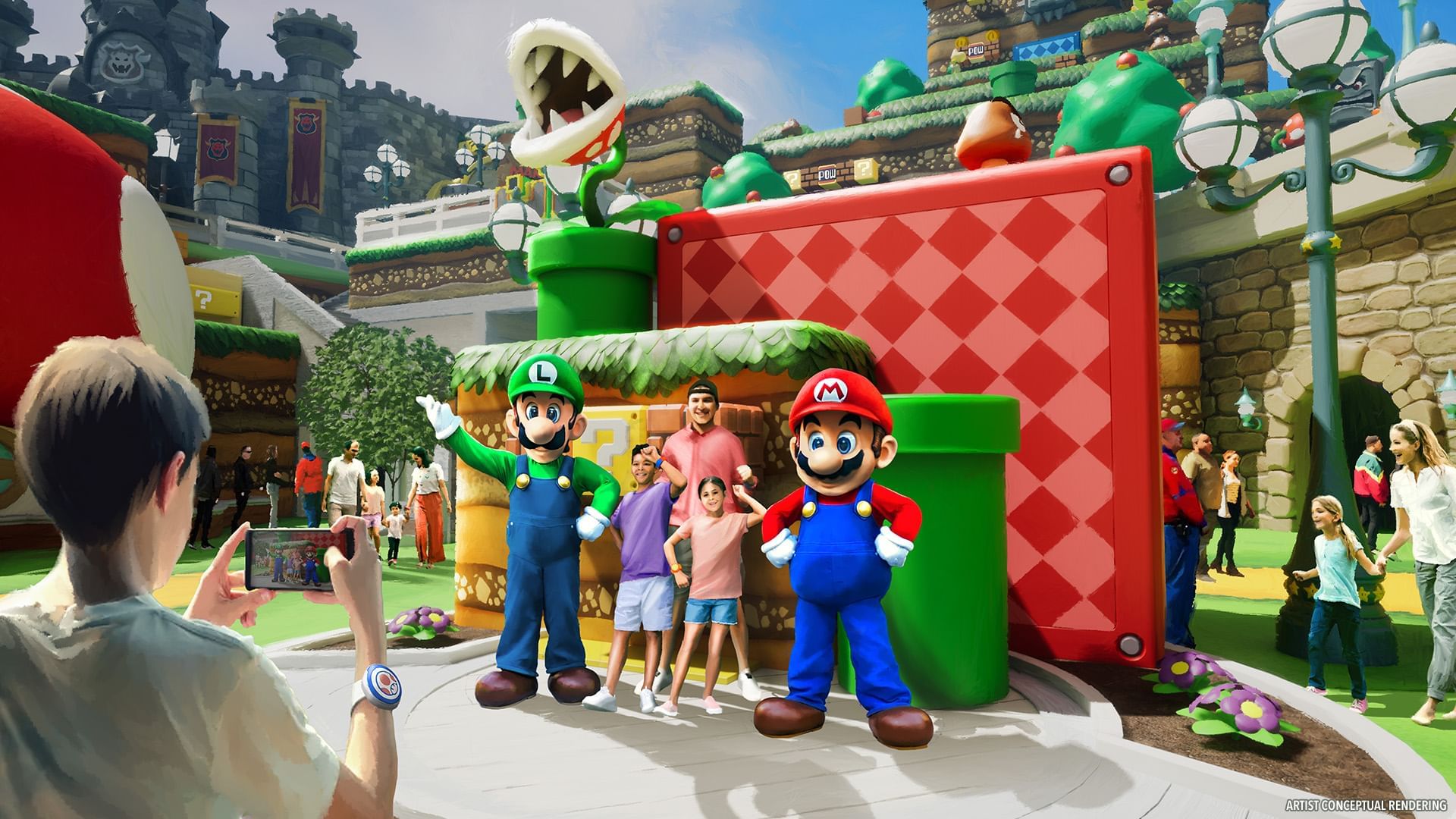 A conceptual rendering of a family posing for a photo with Mario and Luigi in front of a red checkered wall and surrounded by a stone castle. 