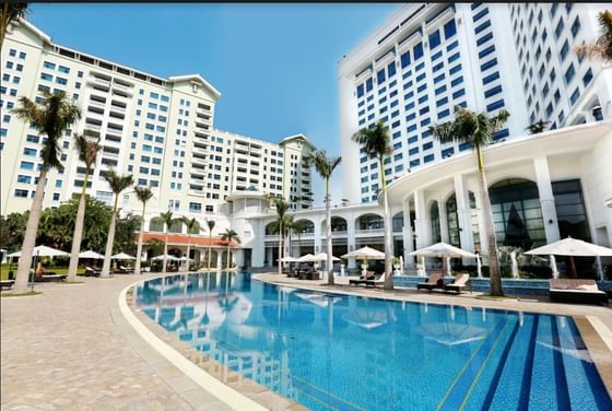 Low angel view of pool & hotel at Hanoi Daewoo Hotel