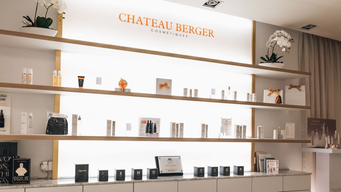 Modern and elegant Chateau Berger boutique at Paramount Hotel Dubai, displaying various beauty products on shelves