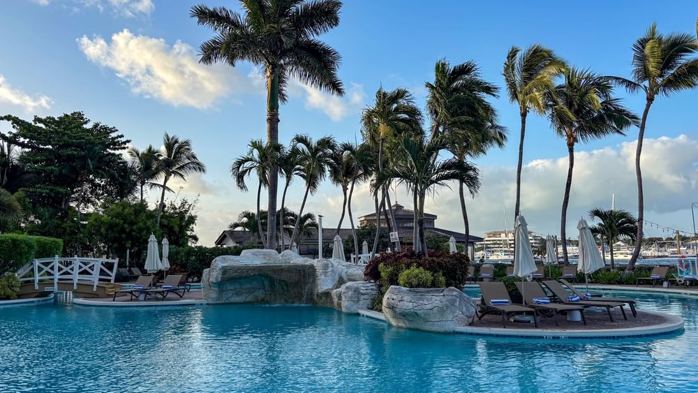 Main pool surrounded by palm trees and lounge chairs at Warwick Paradise Island Bahamas in Nassau