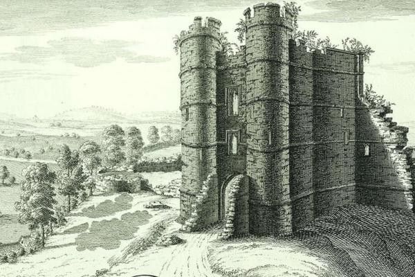 Historic engraving depicting Donnington Castle in Newbury, Berkshire.