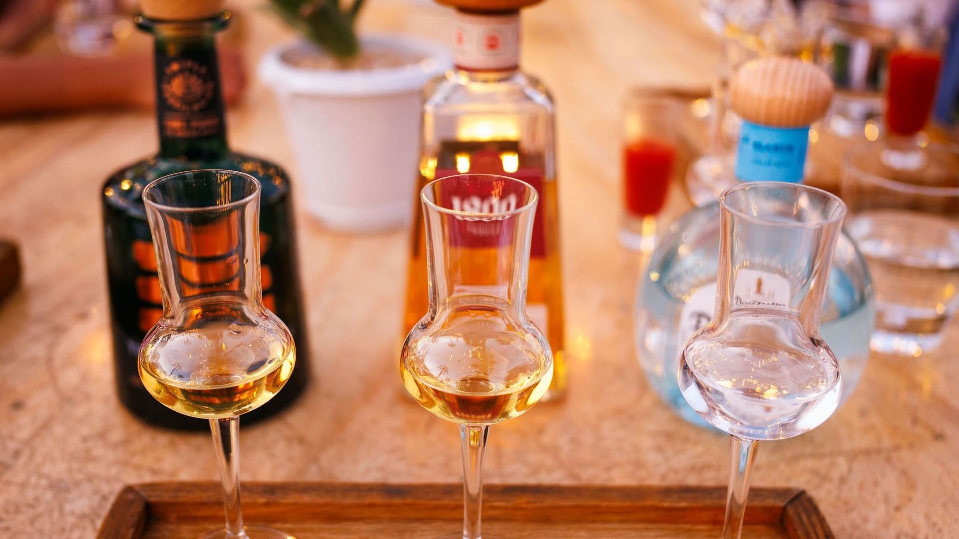 Flight of three tequila tasters, one clear and two amber, on a wooden tray in Bar La Suerte at Hacienda del Mar Los Cabos