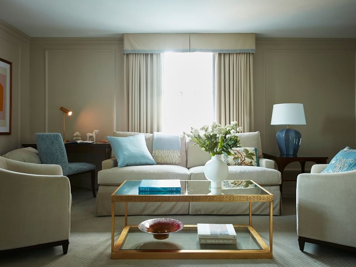 Comfy sofas, coffee table & work desk with lamp in One Bedroom Suite at The Eliot Hotel, boutique hotels Boston