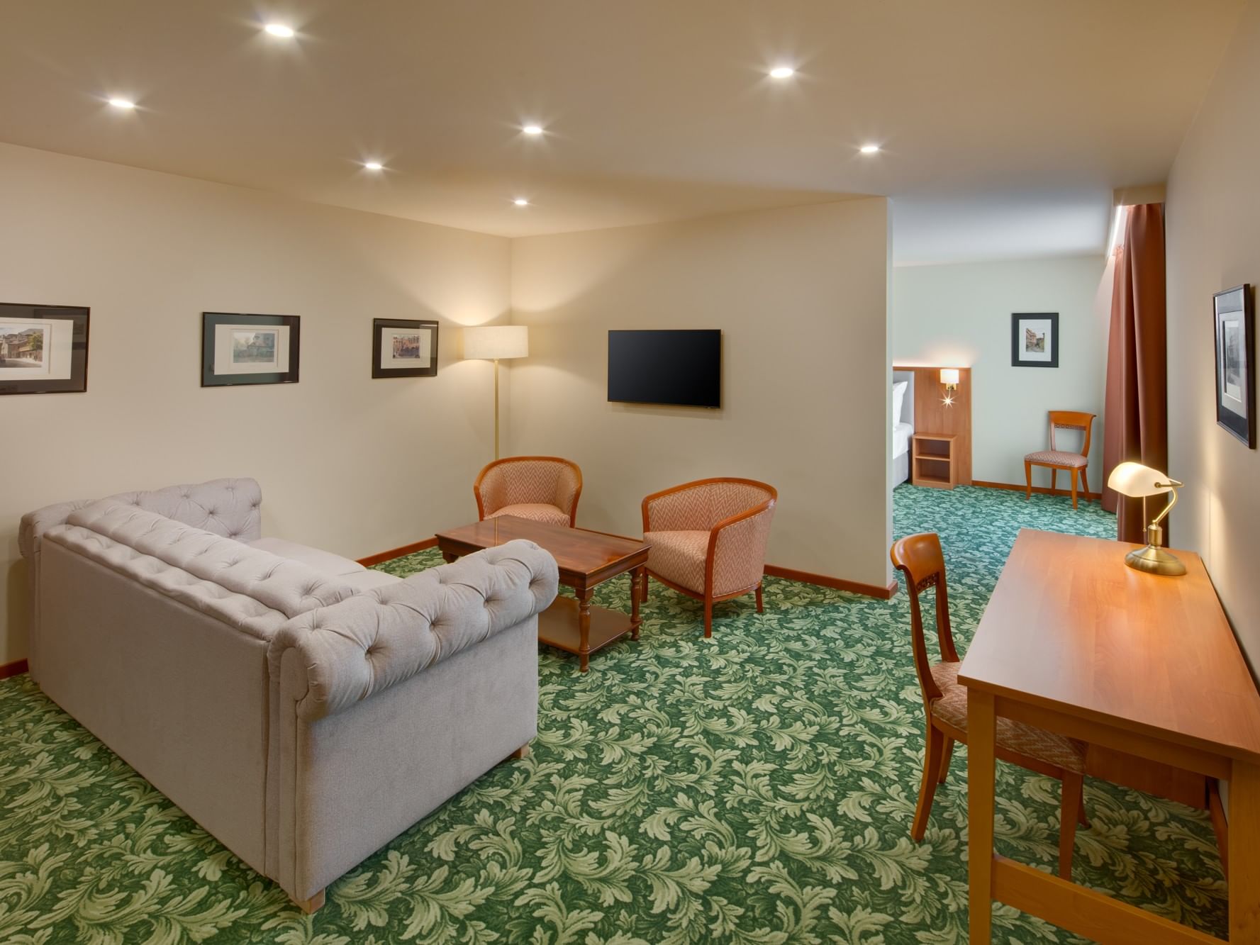 Hotel Savoy Prague Junior Suite, sofa, seating area, working desk, natural colours 